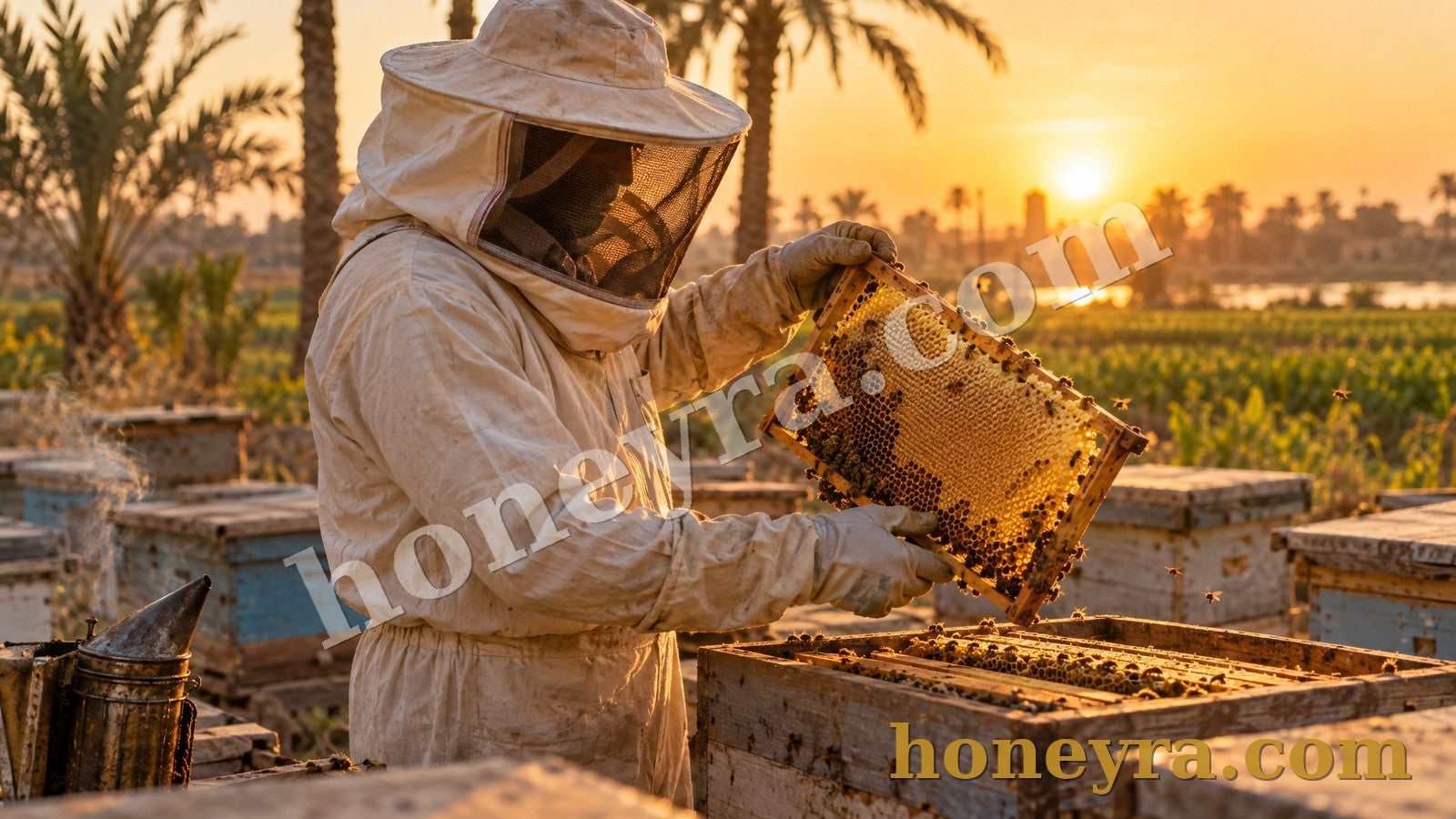 نحّال مصري يرفع إطار قرص عسل مختوم وقت الغروب