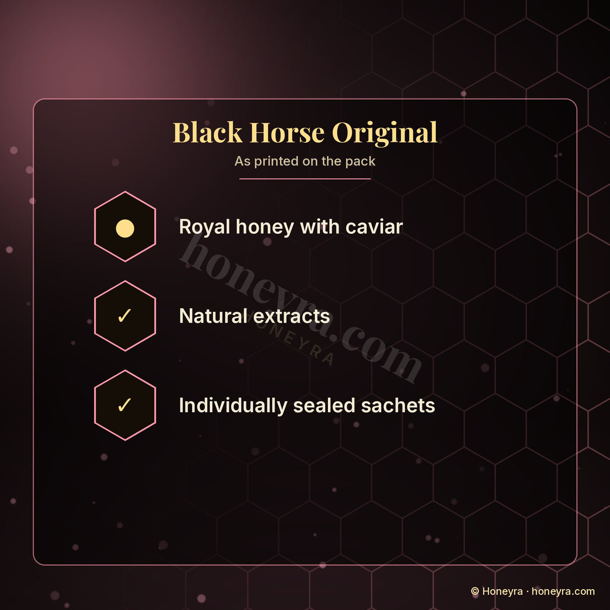 Black Horse Original royal honey sachets – box details, Honeyra UK