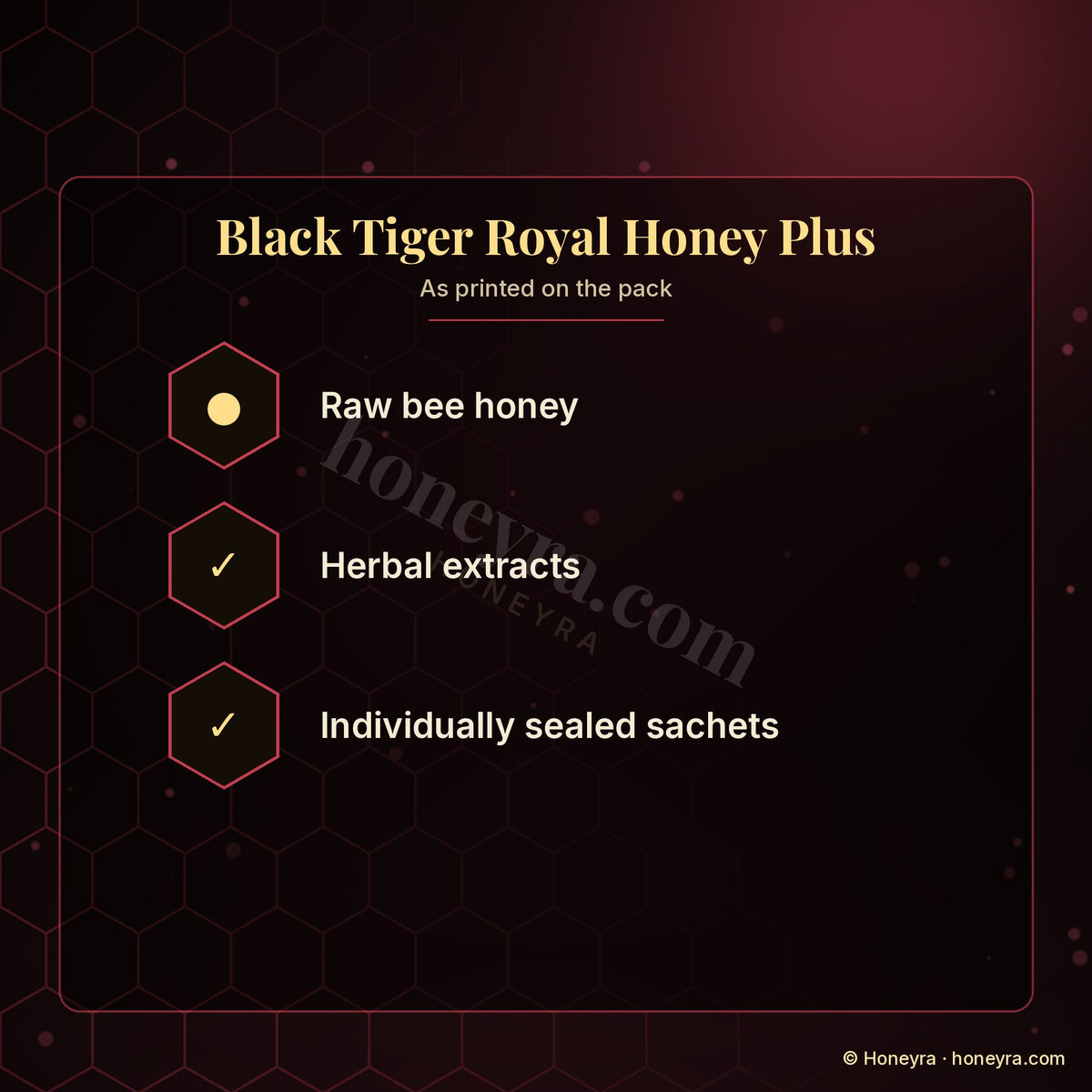Black Tiger Royal Honey Plus royal honey sachets – box details, Honeyra UK
