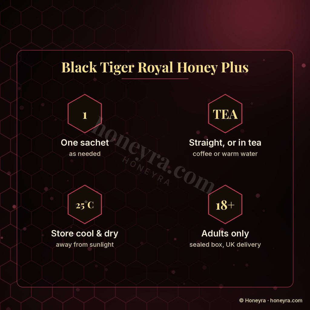 Black Tiger Royal Honey Plus royal honey sachets – individual sachets, Honeyra UK