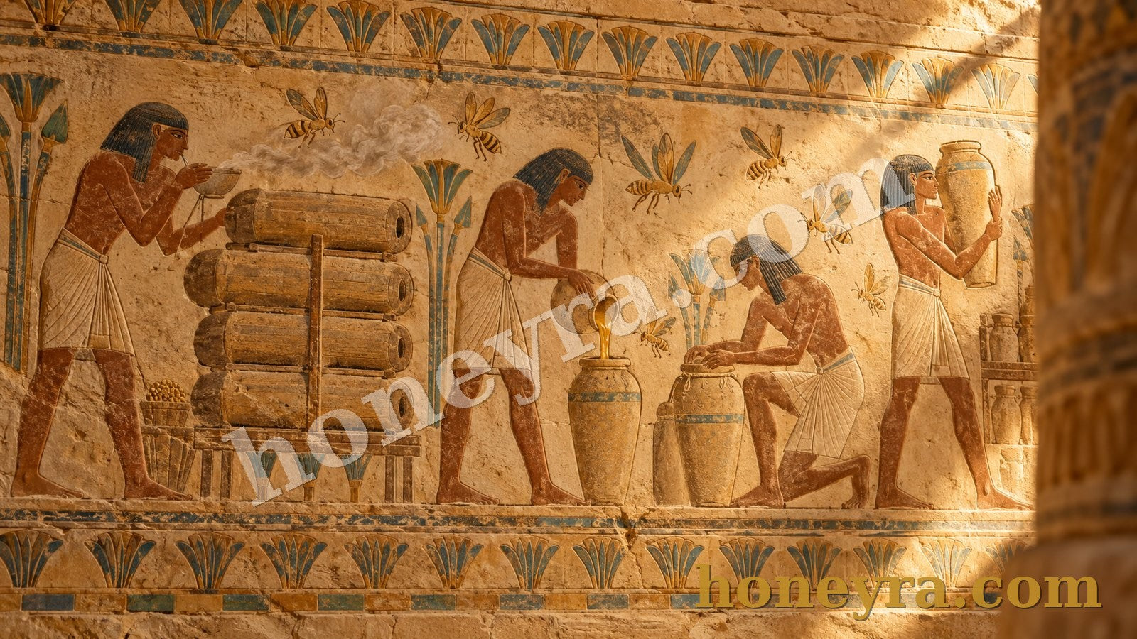 لوحة بأسلوب النقوش الفرعونية لنحّالين يملؤون جرار العسل