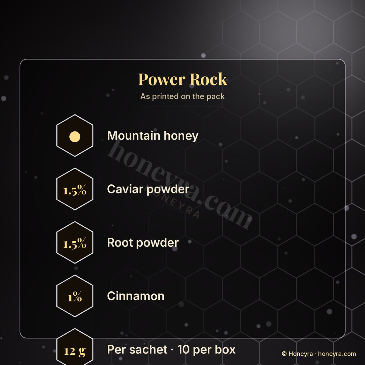 Power Rock royal honey sachets – box details, Honeyra UK