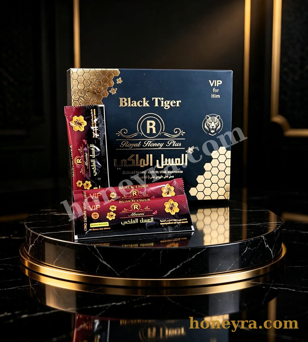 Black Tiger Royal Honey Plus sachets, box and individual sachet – Honeyra UK