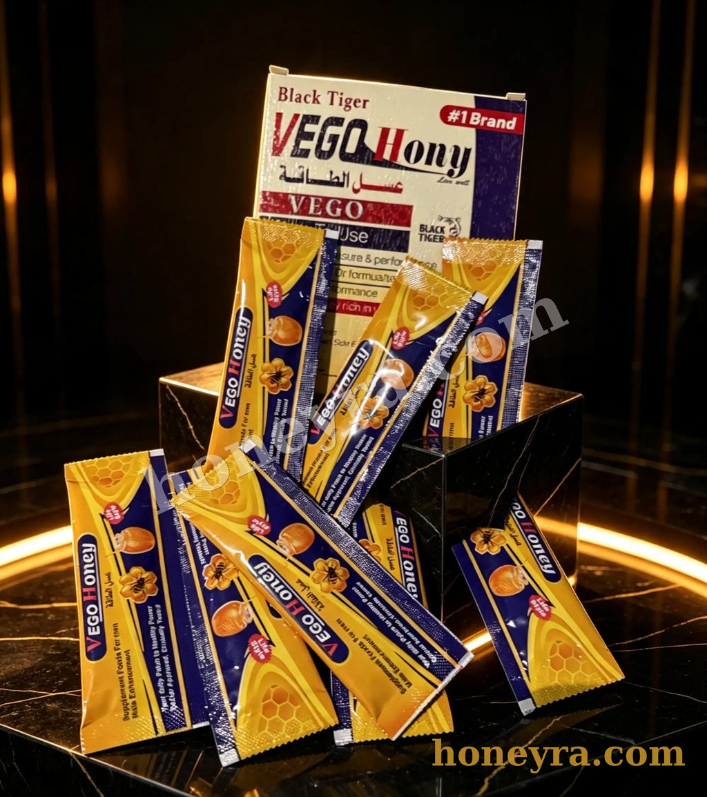 VEGO Honey (Black Tiger) royal honey sachets, box and individual sachet – Honeyra UK