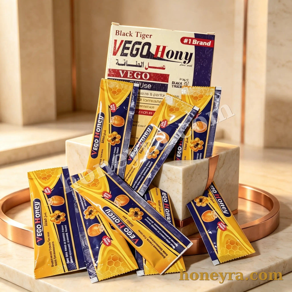 VEGO Honey (Black Tiger) royal honey sachets box, back and ingredients – Honeyra UK