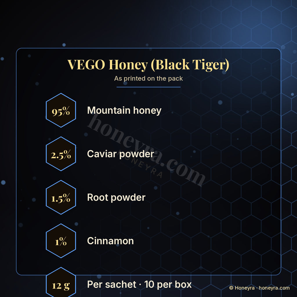 VEGO Honey (Black Tiger) royal honey sachets – box details, Honeyra UK