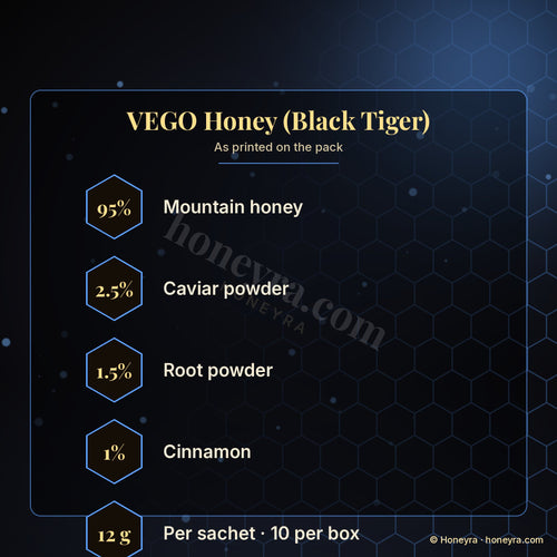 VEGO Honey (Black Tiger) royal honey sachets – box details, Honeyra UK