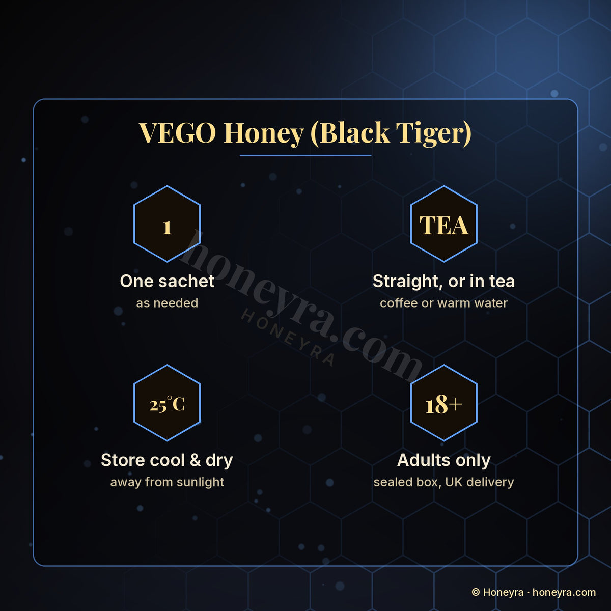 VEGO Honey (Black Tiger) royal honey sachets – individual sachets, Honeyra UK