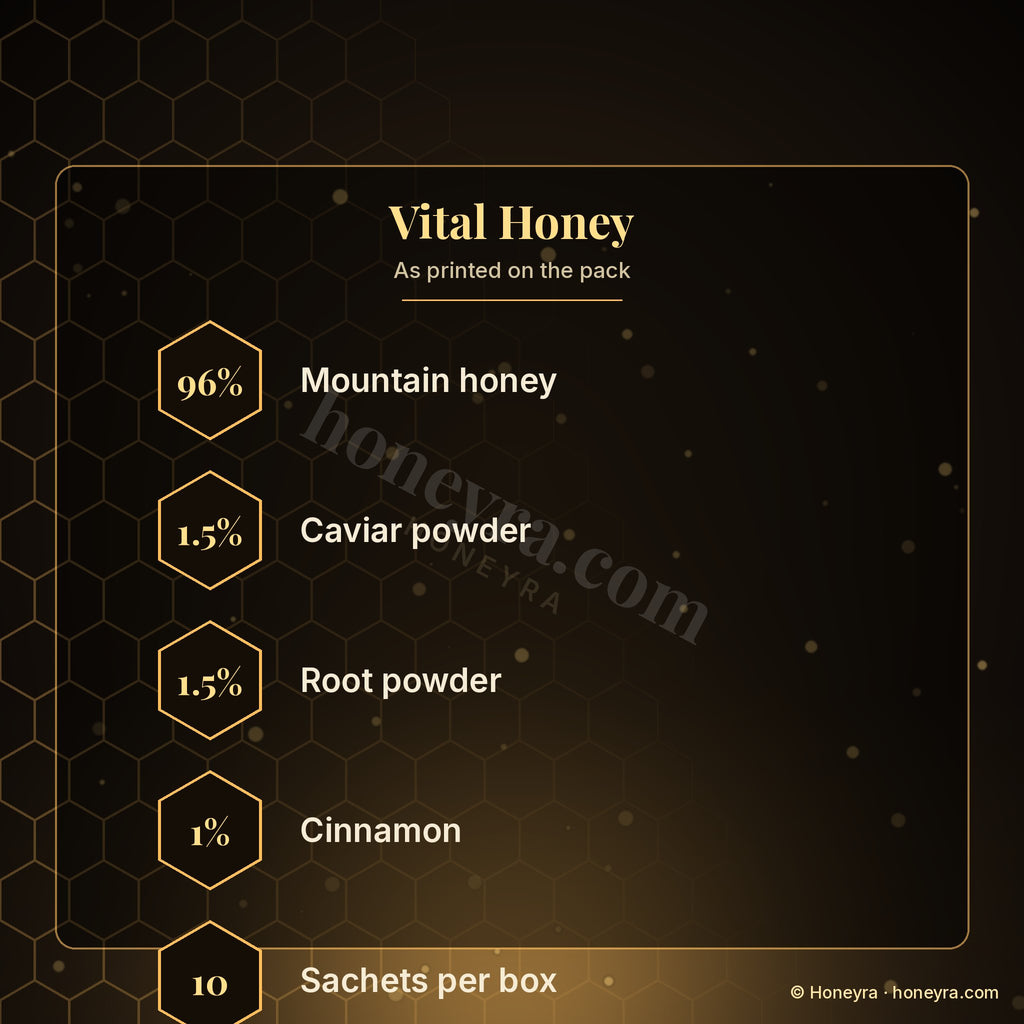Vital Honey royal honey sachets – box details, Honeyra UK