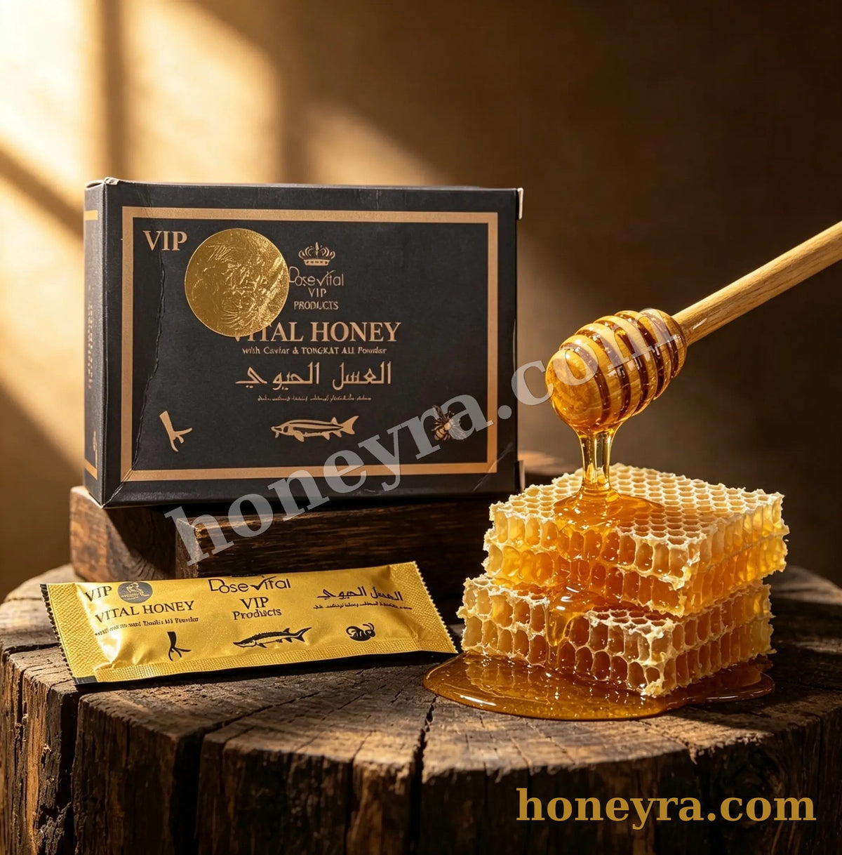 Vital Honey royal honey sachets box, back and ingredients – Honeyra UK